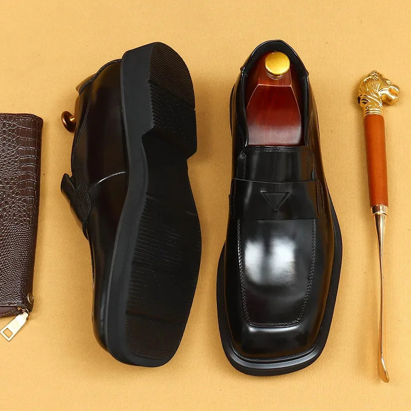 Glossy Black Thick Bottom Large Head Men's Shoes Business Casual Slip-On Loafers round Toe Leather Shoes for Adult Men