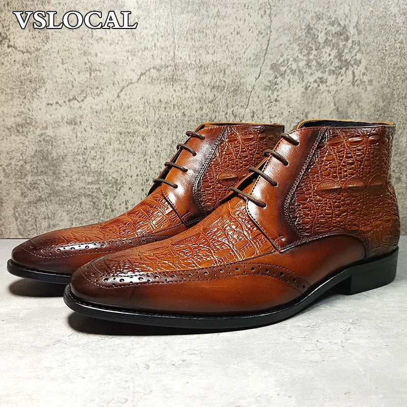 Luxury Brand Men Ankle Boots Shoes Black Brown Crocodile Prints Lace-up Mens Dress Boots Genuine Leather Dress Boots Men
