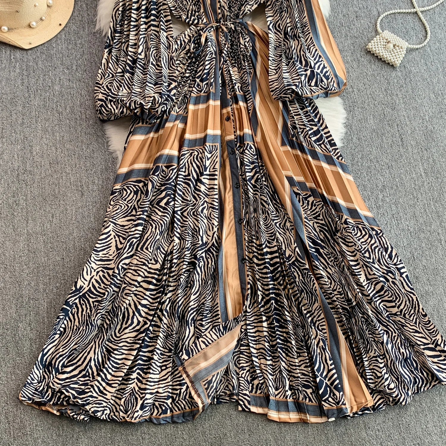 Printed round Ne Lantern Sve Dr Women's Single Button Waist Cinch Maxi Skirt Long Dr Commute Sle Autumn