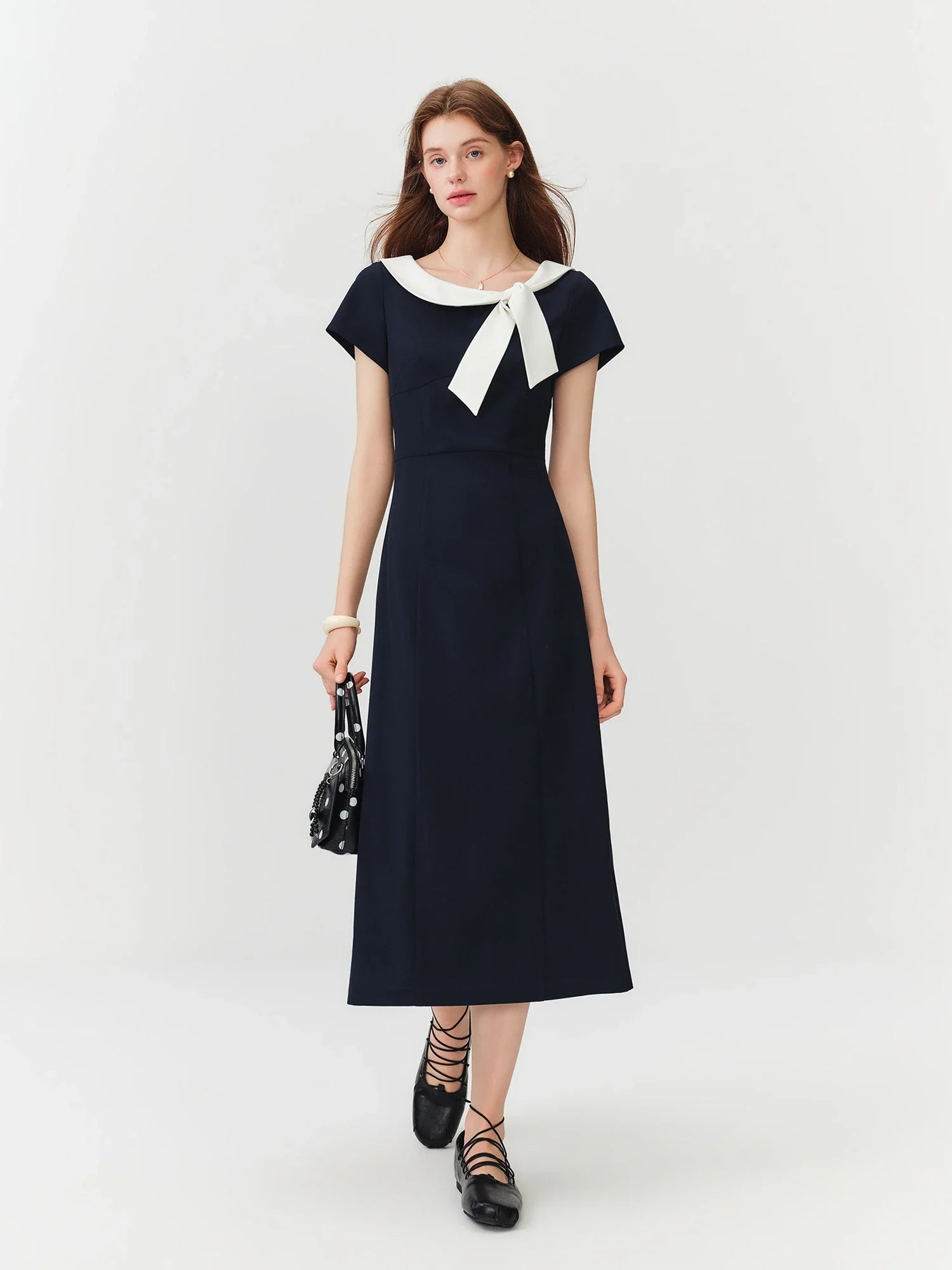 Women Sailor Collar Contrast Bow Belt Midi Dress Waist-Cinching V-Neck French Coquette Chic Elegant Style
