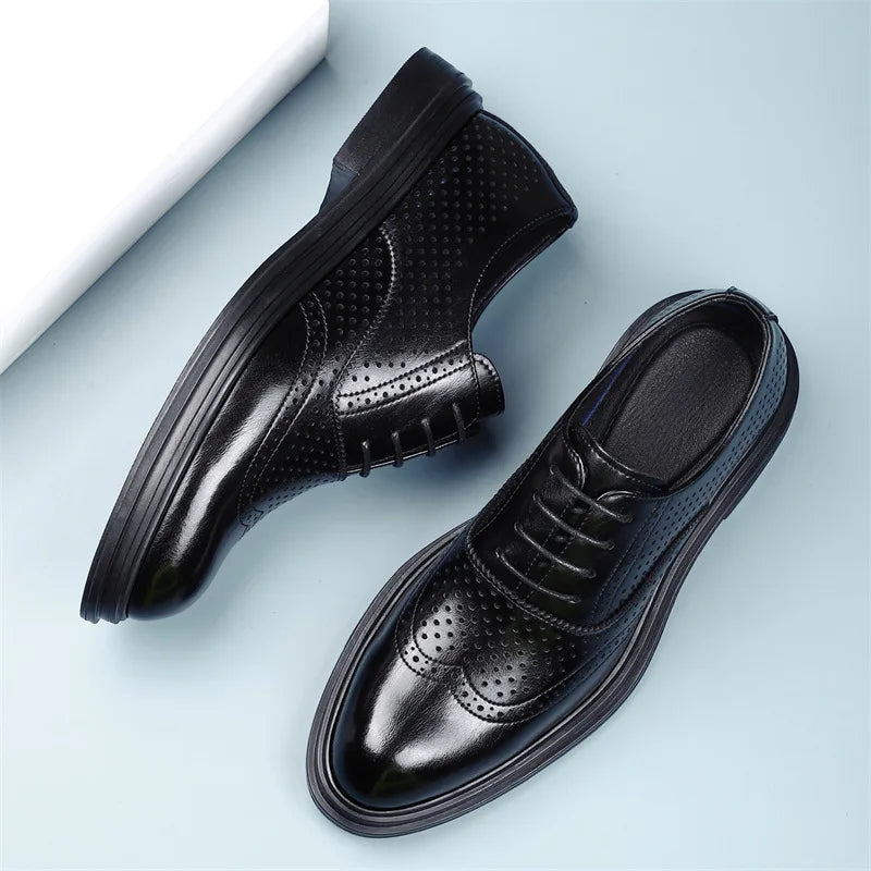 Spring Summer Hallow Leather Shoes for Men 3 6 8cm Increase Fashion Dress Shoes Male Black Business Casual Shoes Man