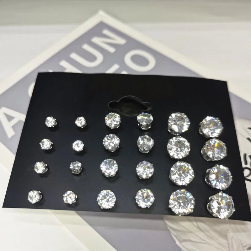 24pcs Cubic Zirconia Stud Earrings - Stainless Steel Claw Set for Men (12 Pairs)