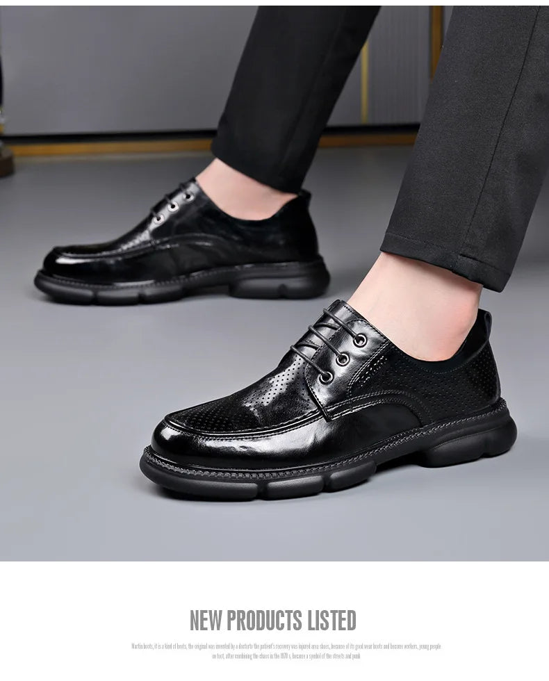 Summer Hallow Cow Leather Shoes for Men Fashion Casual Black New Designer Dress Shoes Male Lace Breathable Platform Shoes Man