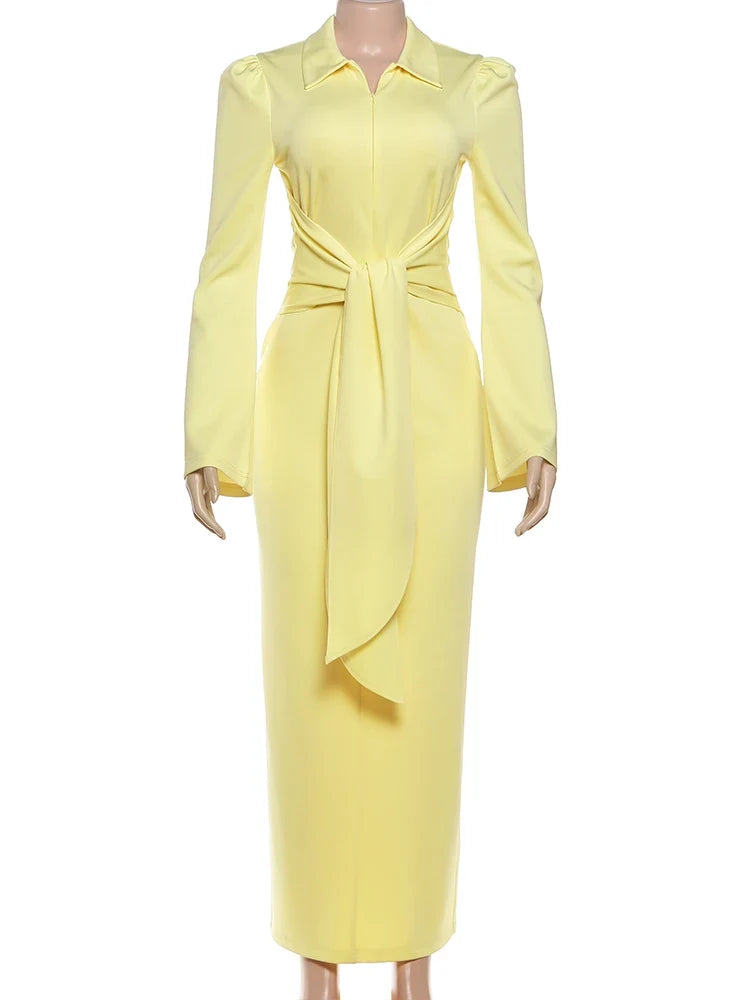 Sexy Maxi Dress Women Shoulder Padded Zip Wrapped Bandage Long Sleeve Slit Elegant Solid Office Simple Skinny Bodycon