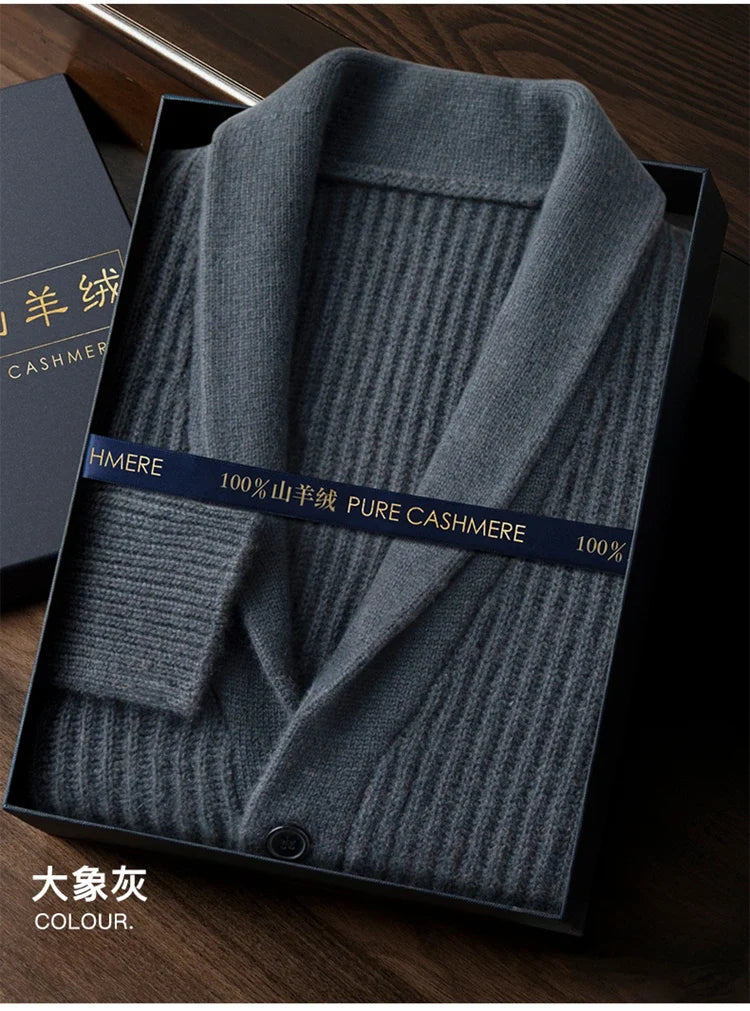 Men's Heavy Thick 100% Pure Cashmere Cardigan Olive Warm Collar High-End Sweater Coat Super Handsome