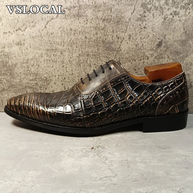 Luxury Brand Men Oxford Shoes Lace-up Crocodile Print Casual Men Classic Dress Shoes Banquet Party Leather Shoes For Men