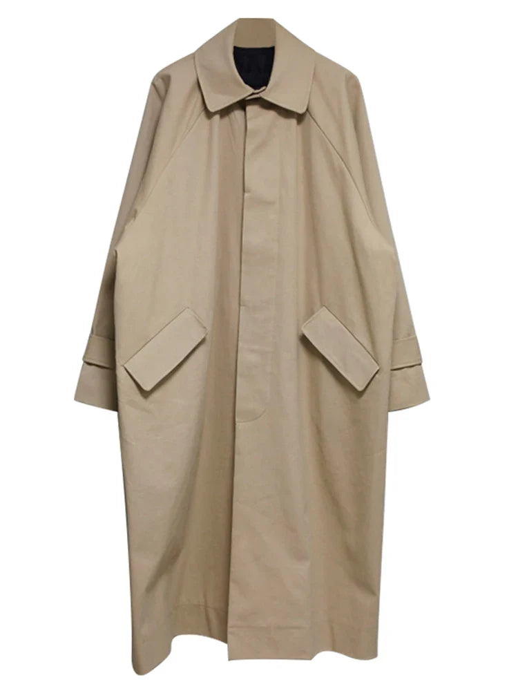 Spring Autumn Long Oversized Black Khaki Trench Coat Men Raglan Sleeve Single Breasted Loose Casual Korean Fashion