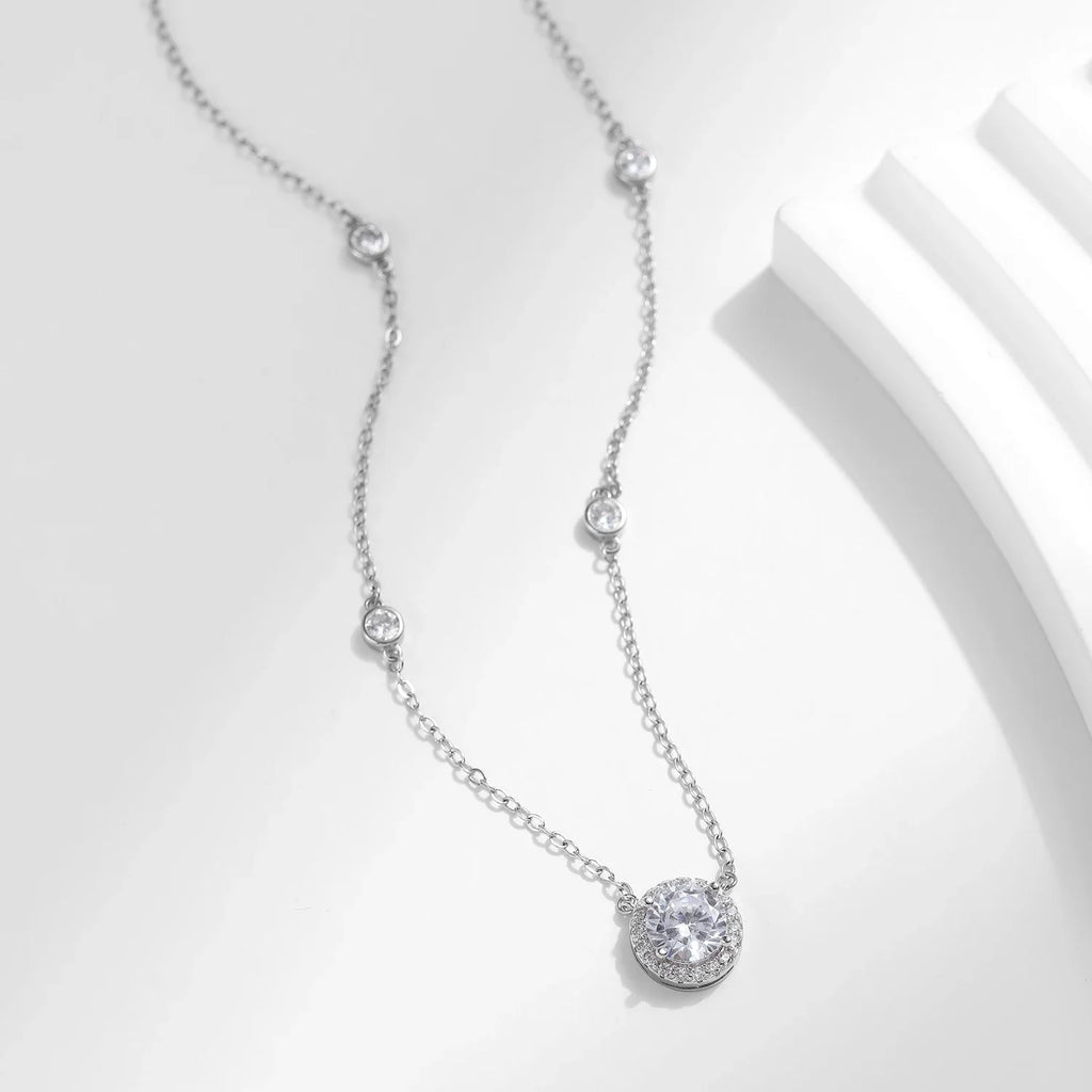 925 Sterling Silver Luxury Round Clear AAAAA Zircon Pendant Necklace For Women Wedding Engagement Bridal Fine Jewelry