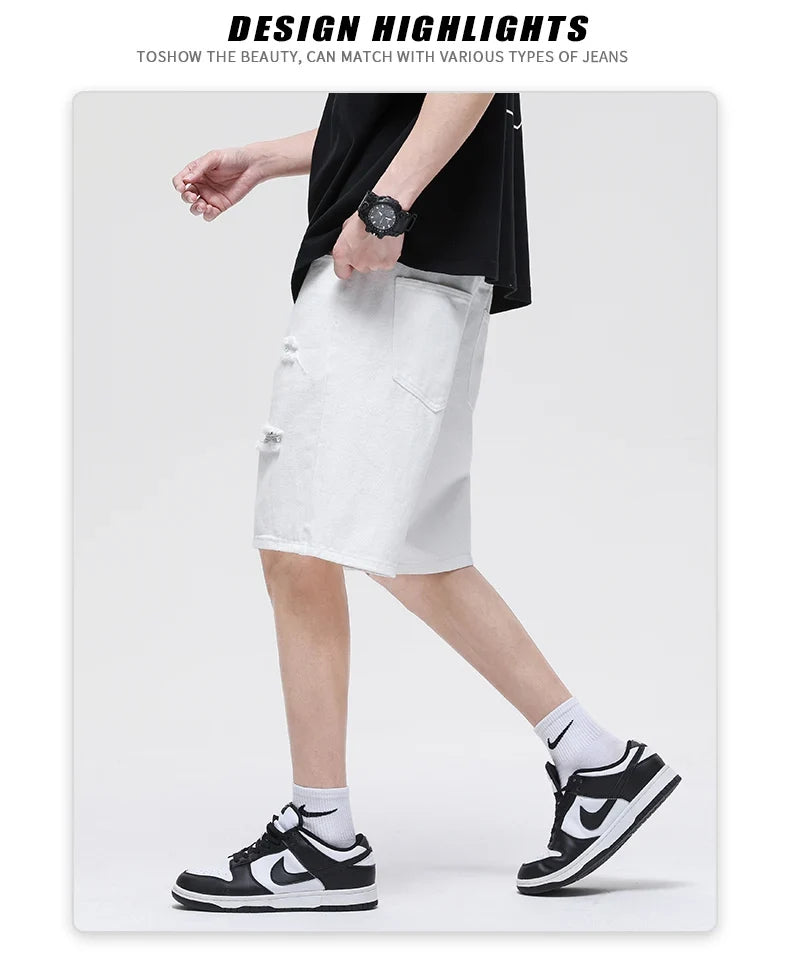 Summer New White Casual Men's Denim Shorts Ripped Fashion Loose Straight Street Bermuda Jeans Male Hole Short Pants