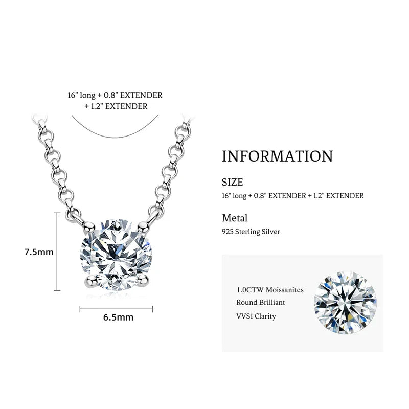 1CT 2CT 3CT Certified Moissanite Pendant Necklace For Women S925 Sterling Silver Solitaire Drop Necklaces Jewelry Gift