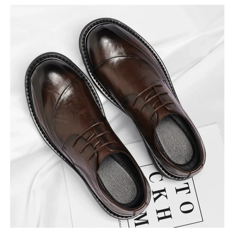 Brown Burnished Genuine Leather Lace Up Chunky Sole Formal Business Office Groom Wedding Daily Wear Shoes Fashion Comfortable