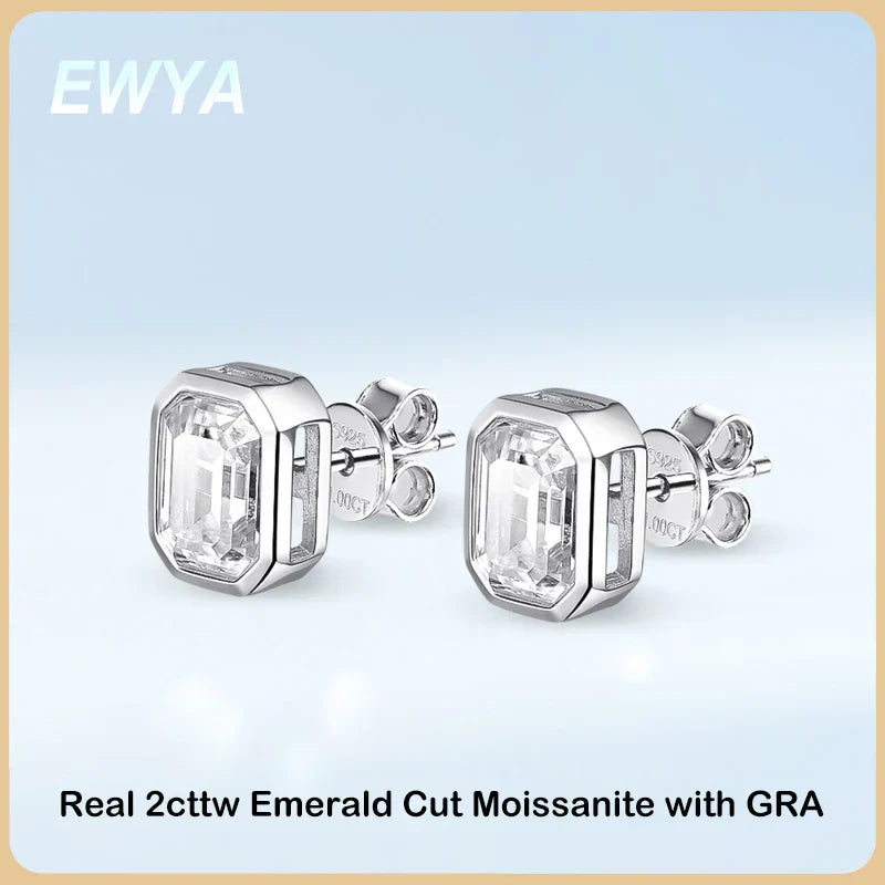 New In 2cttw D Color Emerald Cut Moissanite Stud Earrings for Women S925 Silver Rhodium Plated Diamond Earring Fine Jewelry