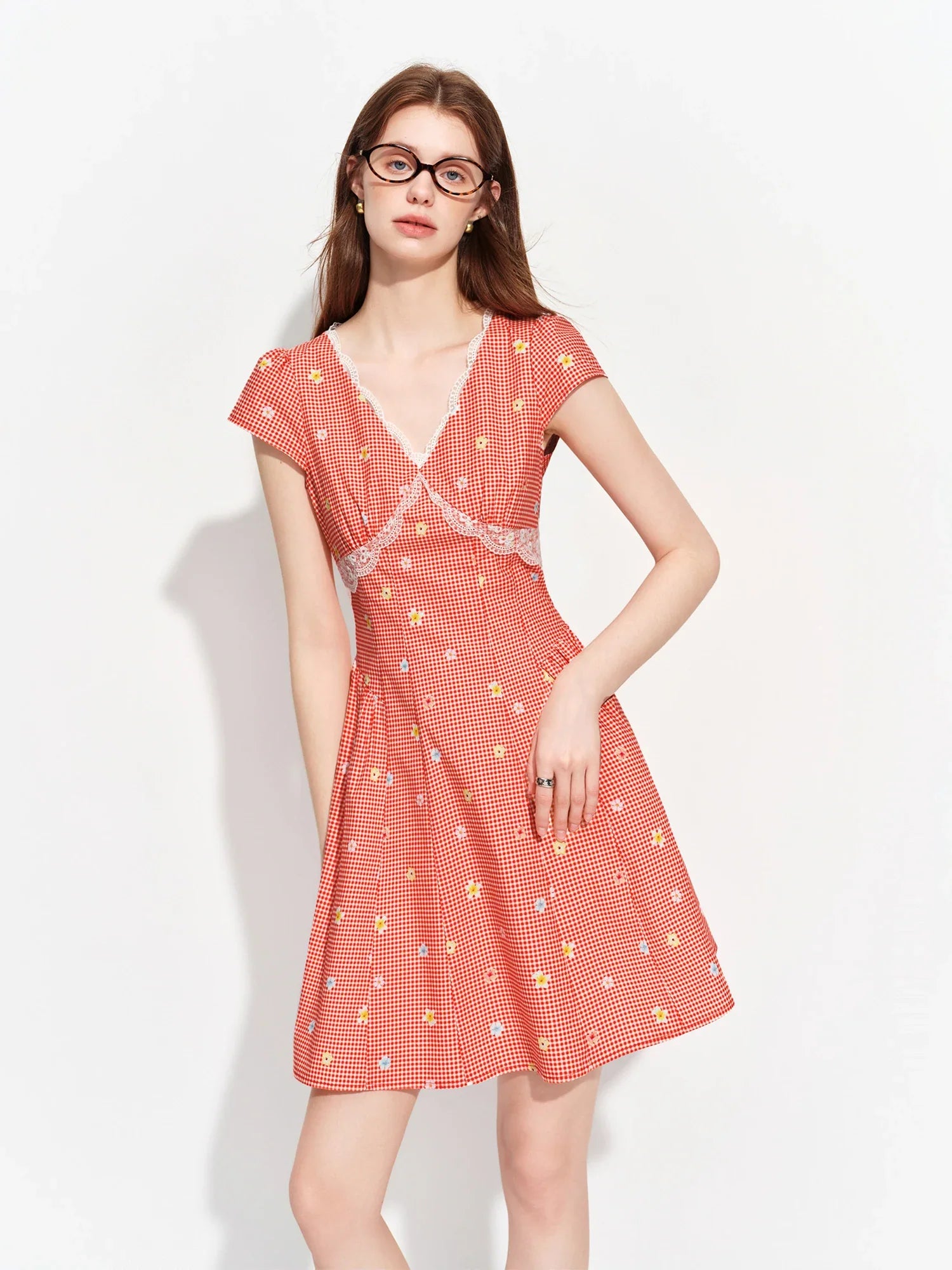Women's 2026 Summer New Arrival French Pastoral Style V-Neck Lace Spliced Embroidered Dress Openwork Floral Plaid Pattern