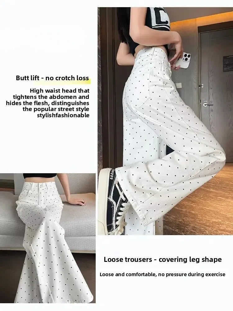 High Waist Wide Leg White Polka Dot Casual Denim Jeans