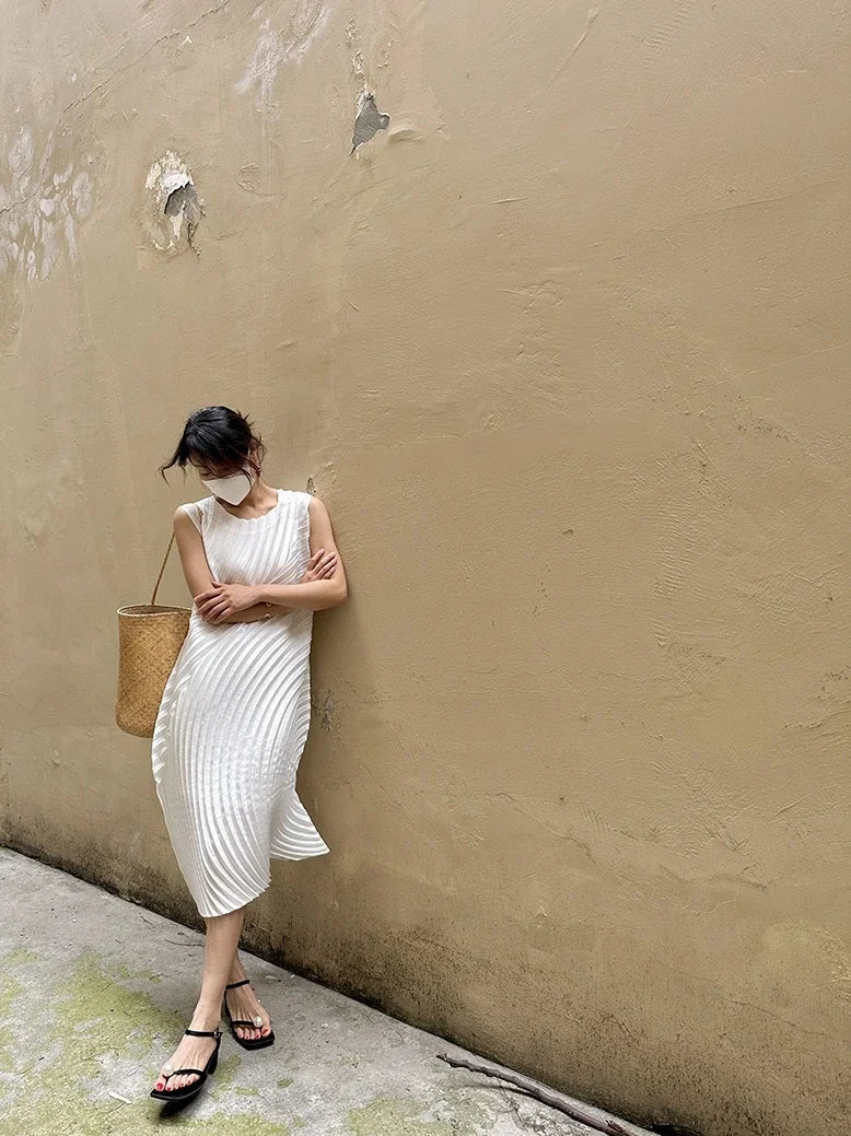 Hand Circle Pleated Sleeveless Dress Designer Long Round Neck Elegant Loose Summer Korean Style Aesthetic Clothes
