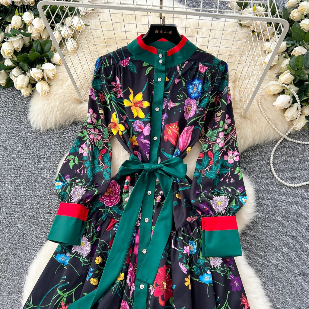 Retro Faion Print Stand Collar Single Button Women's Dr Waist Cinched Floor Length Skirt Korean Sle High Waist Long Sl...