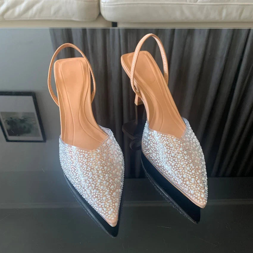 2024 Fashion Summer Women High Heels Pearl Decoration Slingback Woman Pumps Pointed Toe High Heels Sandals Elegant Woman Shoes