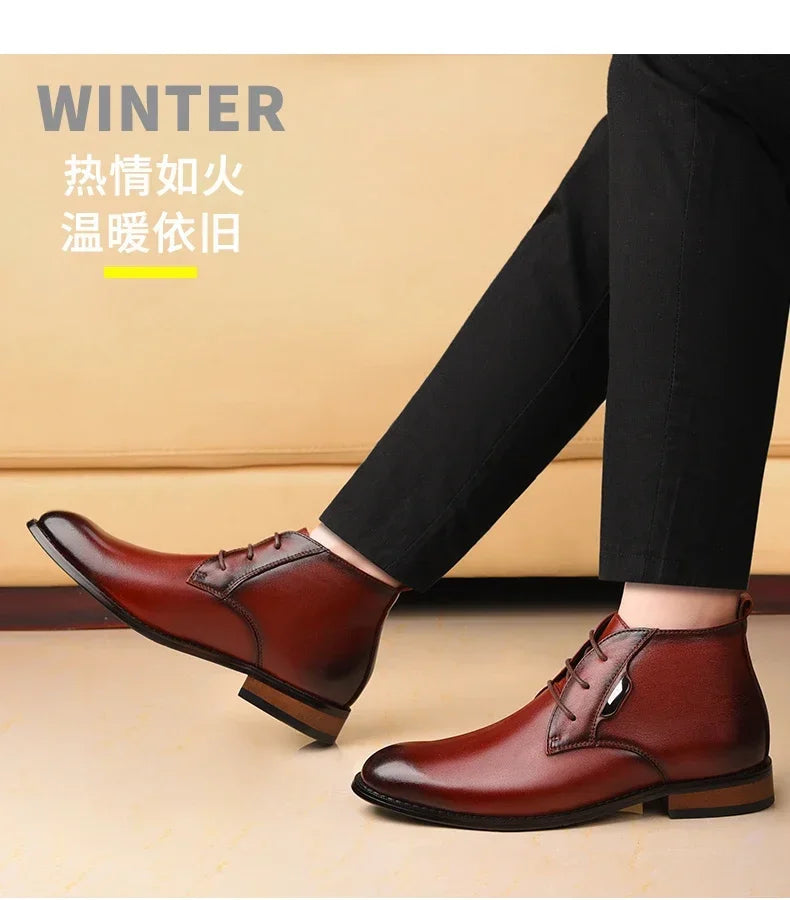 Men Flat/6CM Bussiness Elevator Shoes Genuine Leather Boots Autumn Winter Warm Ankle Boots for Men Botas Hombre Plus Size 37-47
