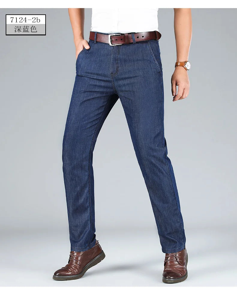 2026 Thin Stretch Denim Business Casual High Waist  High Lyocell  Men's Fit Straight Lightweight Cotton  Light Grey Jeans