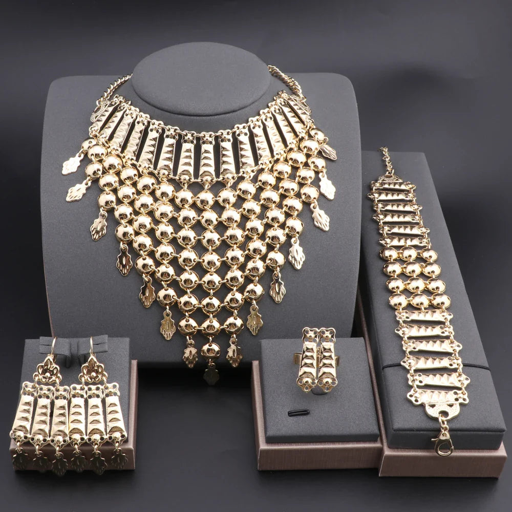 New Tassels Silver Plated Necklace Earrings Bracelet Ring Set for Women Bridal Chains Ethinc Wedding Jewelry Bride Gifts