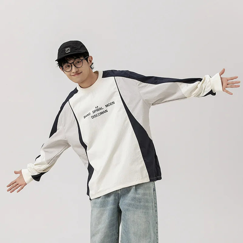 Japanese-inspired Color-blocked Crew Neck Sweatshirt with Patchwork Design: Men's Spring/Autumn Outdoor Leisure