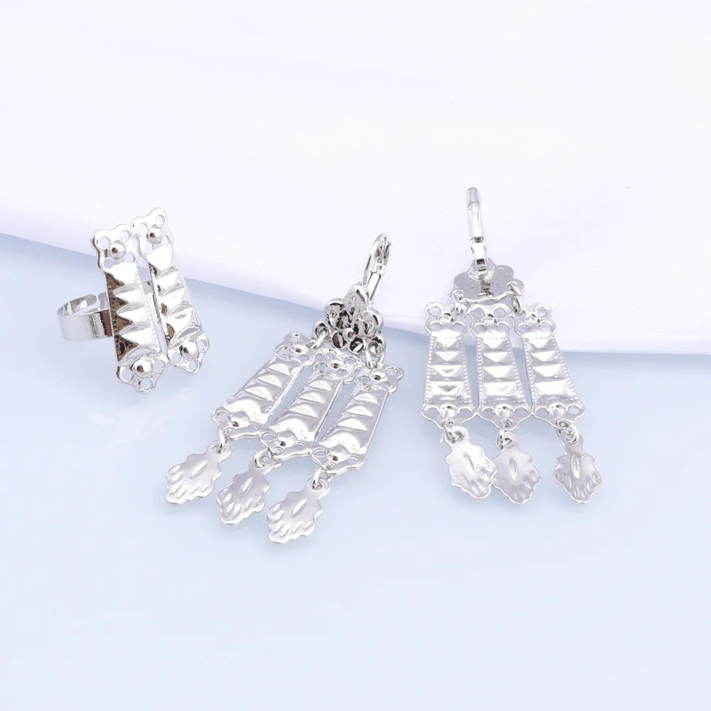 New Tassels Silver Plated Necklace Earrings Bracelet Ring Set for Women Bridal Chains Ethinc Wedding Jewelry Bride Gifts