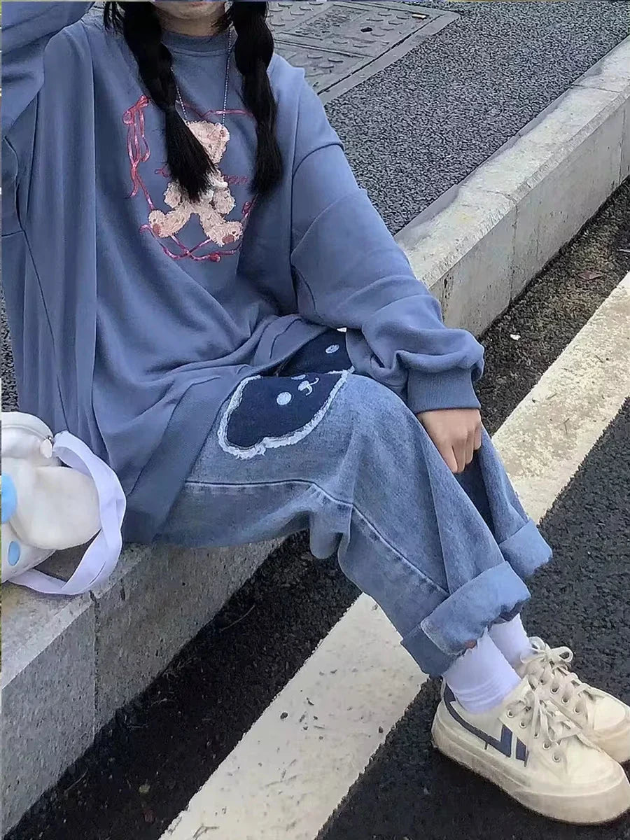 بنطلون جينز بناتي مطبوع عليه دب هيب هوب لطيف