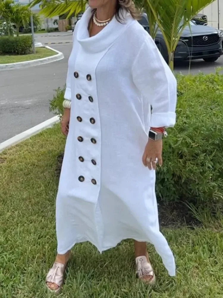 Women's Cotton-blend White Dress Long Sleeves Loose Solid Color High Neck Buttoned Pockets Casual Daily Maxi Dresses