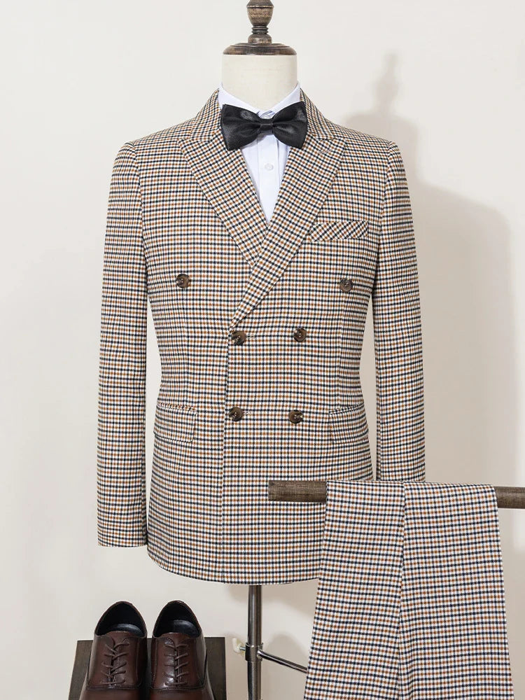 Fashionable Plaid suit High-end Brand Business Slim Fit Casual Party Dress Male Groom Wedding Blazers Double Breasted