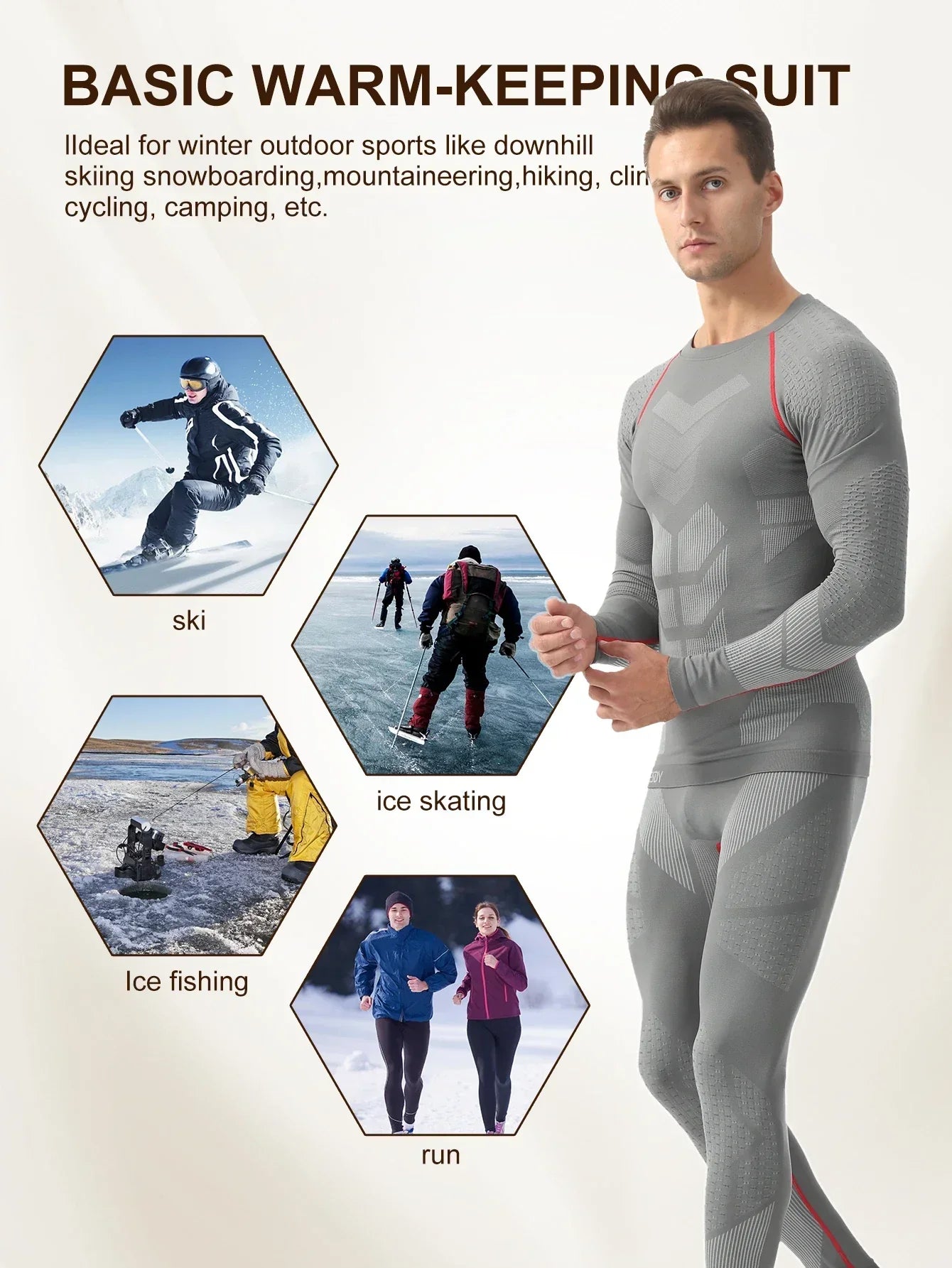 Men's Sports Compression Thermal Suit Winter Thermal Compression Long-Sleeve Long Pants Breathable High-Elastic Cold-Proof Sports Suit Winter Outdoor Sports Climbing Fishing
