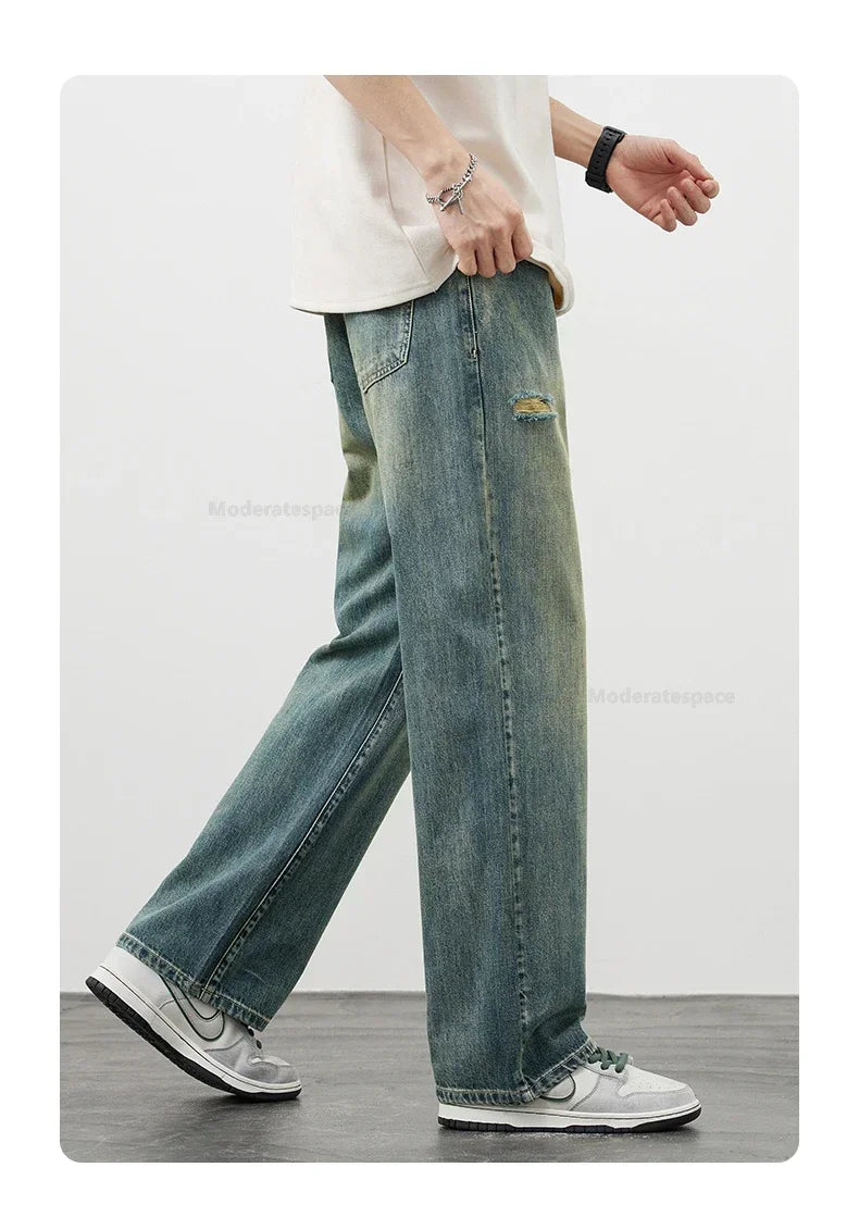 Korea Baggy Cargo Jeans Men Vintage Straight Ripped Y2k Pants Fashion Frayed High Street Distressed Denim Trousers Male Clothes