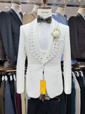 White Jacquard Men's Tuxedo 3 Pieces Blazer Vest Pants Wedding Groom Best Man Outfit Customized Suit Set For Men Birthday Party