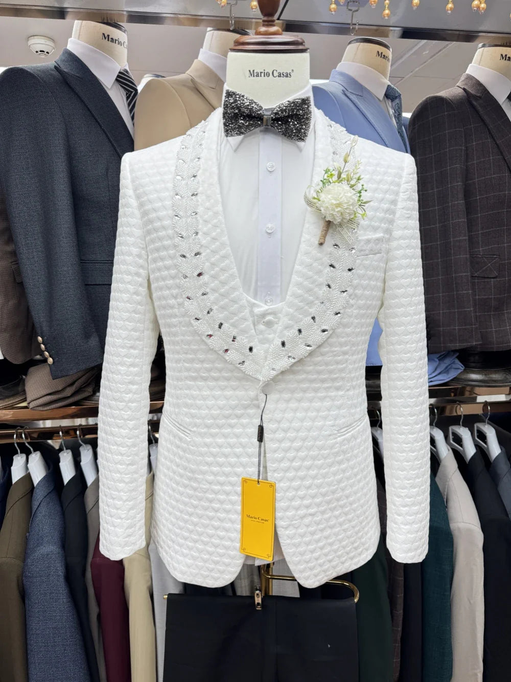 White Jacquard Men's Tuxedo 3 Pieces Blazer Vest Pants Wedding Groom Best Man Outfit Customized Suit Set For Men Birthday Party
