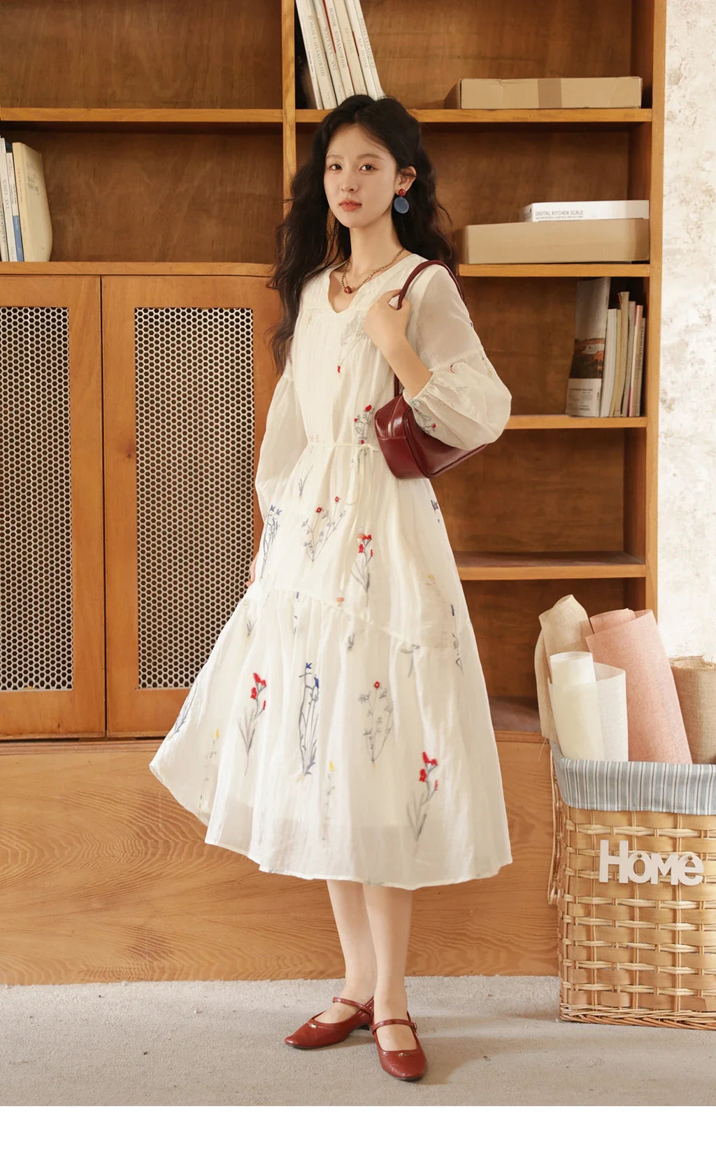 Beige Flower Embroidered Dress for Women 2025 Autumn Curved Collar Lantern Sleeves Tied Waist Long Dresses MXE41L2487