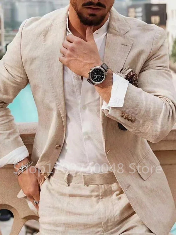 2 Piece Casual Beige Linen Men Suits Single Breasted Slim Fit Notch Lapel Blazer with Pants High Quality Wedding Costume Homme