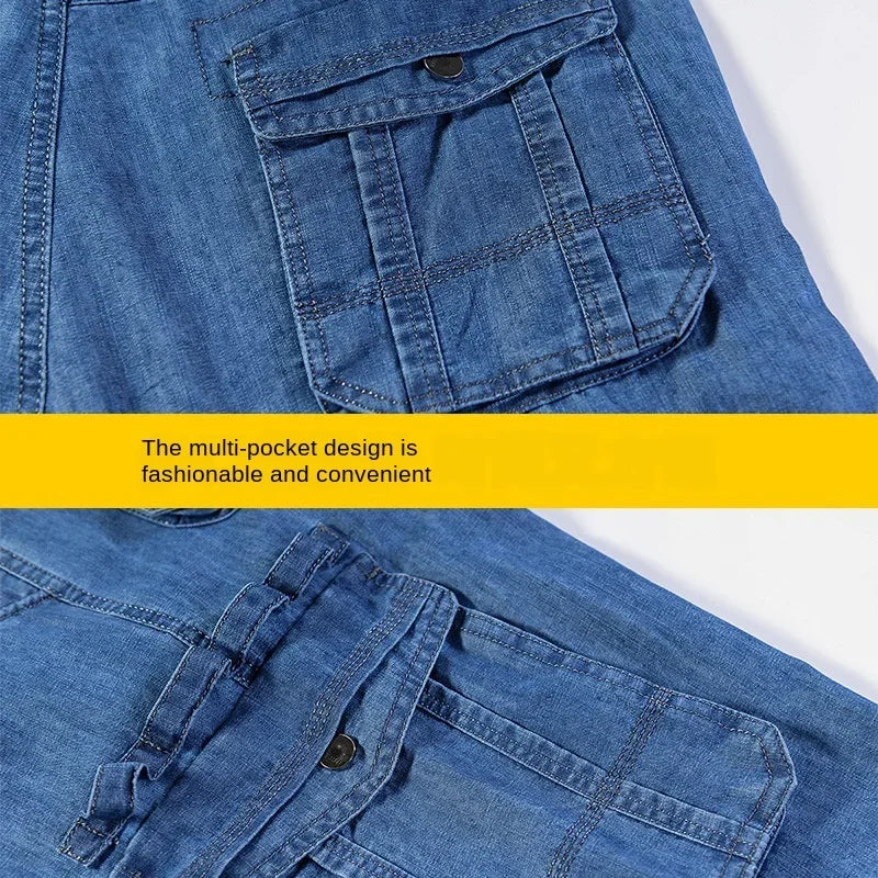 Jeans Shorts Men's Summer Breeches 2024 Multi Side Pocket Casual Bermuda Male Straight Long Blue Denim Loose Cargo Shorts Men