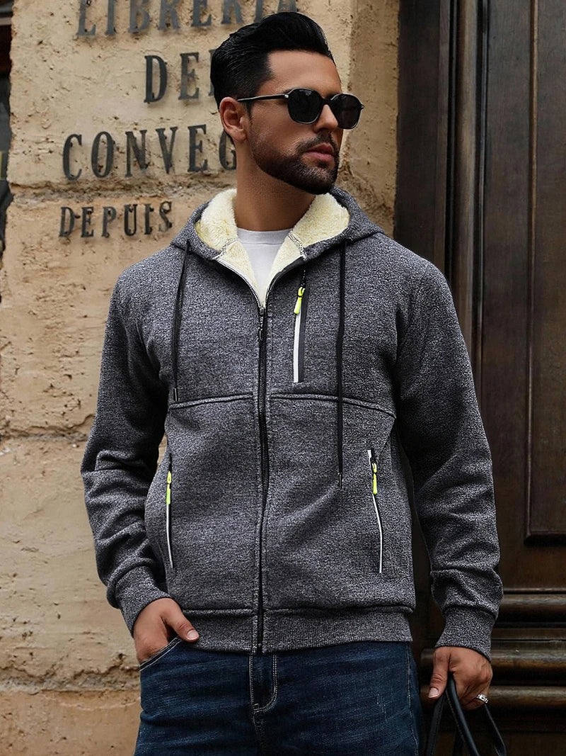 Men's Winter Warm Sherpa Plush Lined Jacket Casual Zip Up Hooded Coat with Zipper Pockets Male Fleece Outerwear Outfits Tops