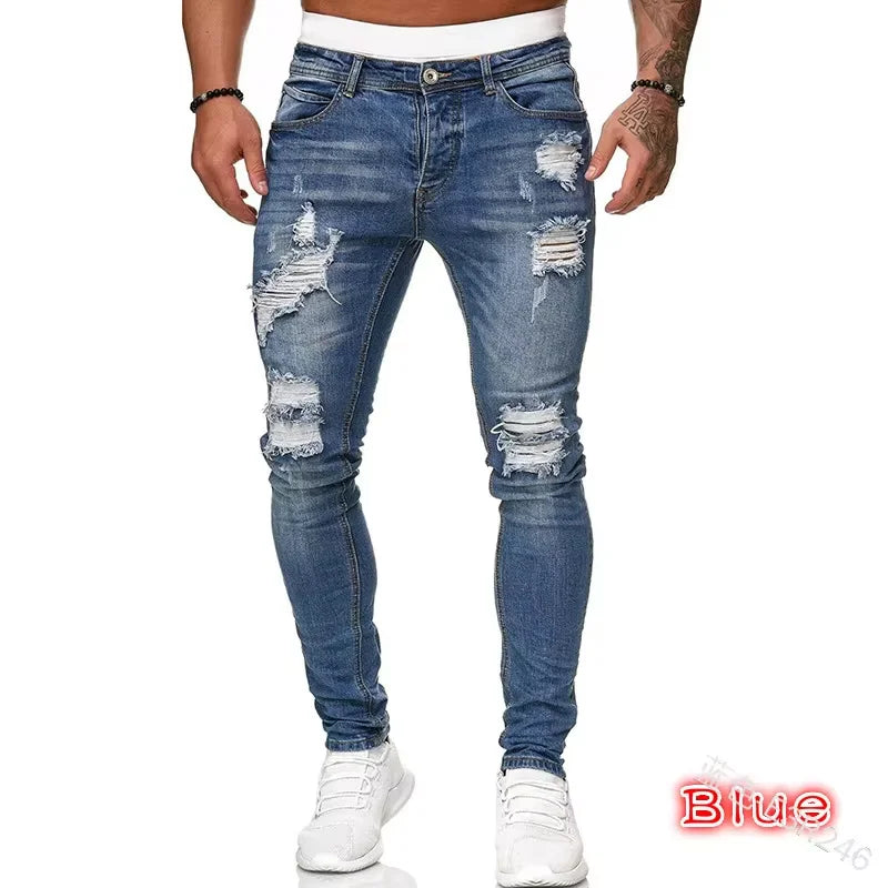 Fashion Street Style Ripped Skinny Jeans Men Vintage wash Solid Denim Trouser Mens Casual Slim fit pencil denim Pants hot sale