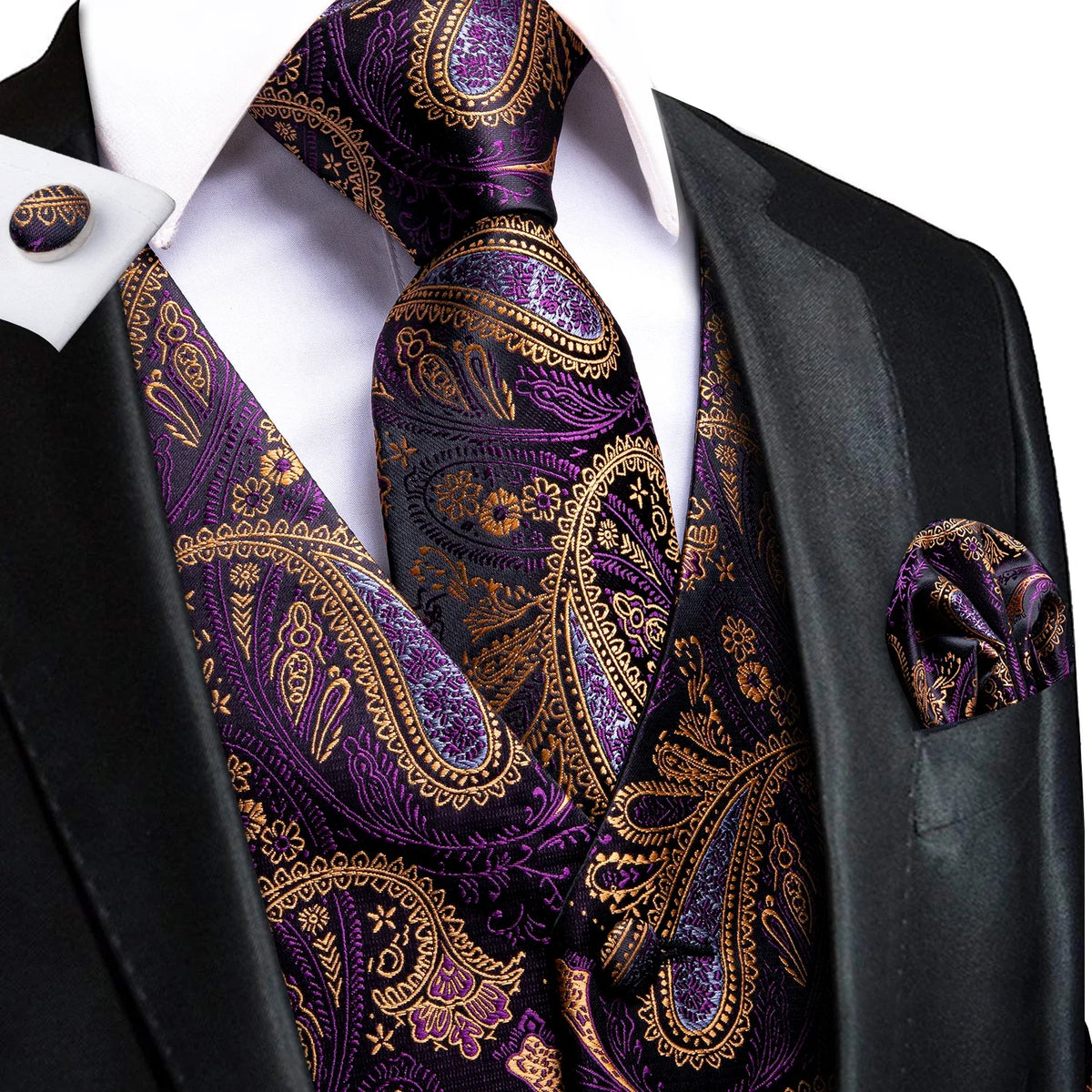 Green Mint Purple Mens Silk Vest Tie Jacquard Autumn Spring Suit Waistcoat Jacket Necktie Hanky Cufflinks for Men Wedding