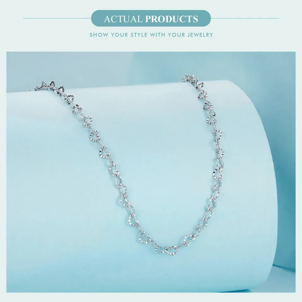 Real 925 Sterling Silver Trendy Heart-Shaped Basic Chain Link Lobster Clasp Adjustable Necklace for Women