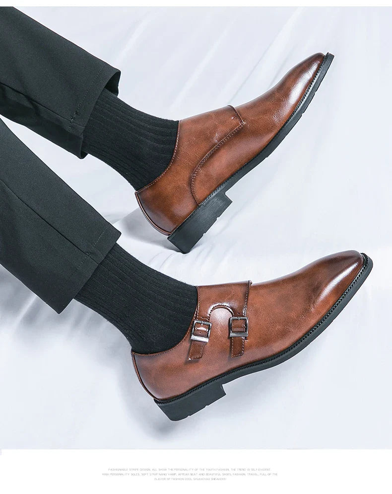 Men's Monk Leather Shoes Pointed Toe Buckle Dress Shoes Oxfords Classic Retro Business Office Wedding Comfortable