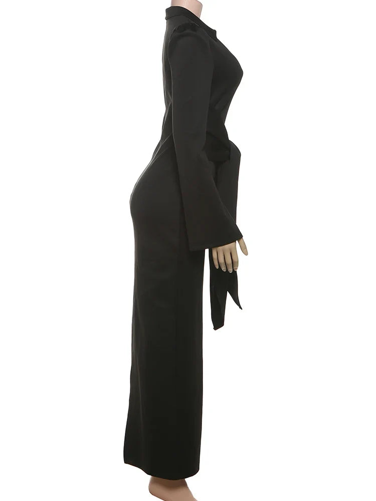 Sexy Maxi Dress Women Shoulder Padded Zip Wrapped Bandage Long Sleeve Slit Elegant Solid Office Simple Skinny Bodycon