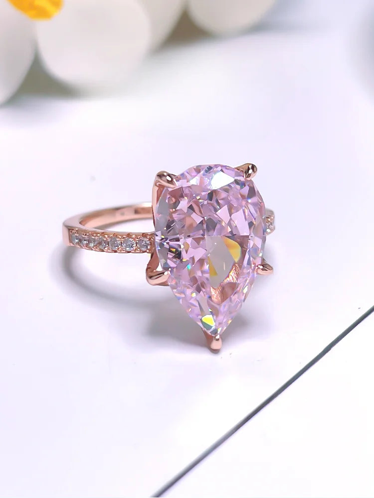 Fashionable, niche, high-end,versatile 925 sterling silver droplet pink diamond ring inlaid with high carbon diamond temperament