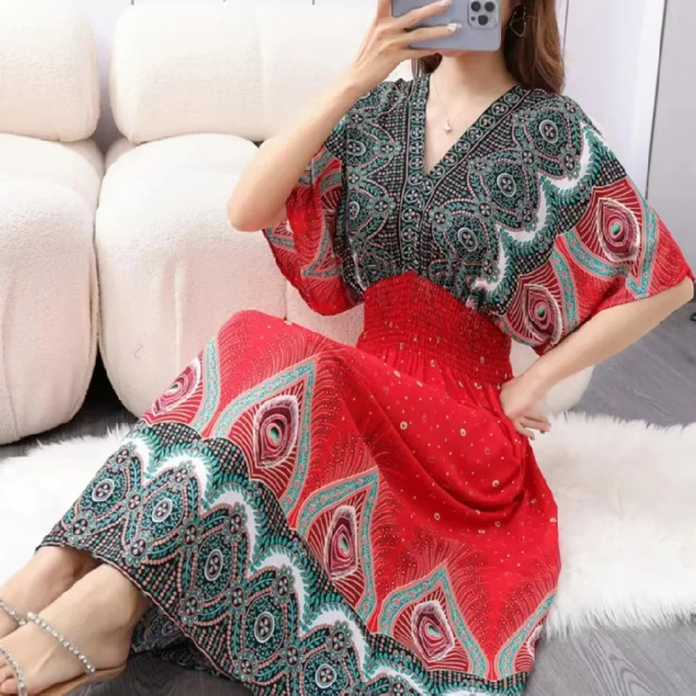Colorful Flower V-neck Elastic Youthful Bohemian Sweet Midi Dress Woman Clothes Chic Fashion Summer Dresses 2025 Large Swing Ski