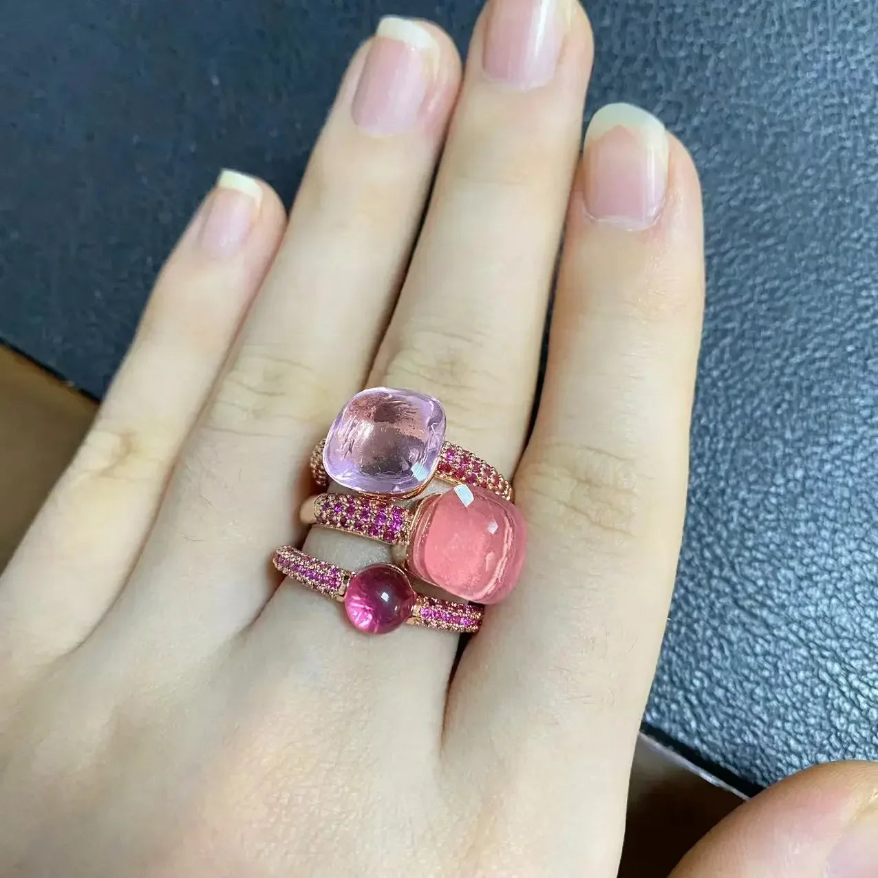 3Pcs/Set Nudo Ring Stacking Set for Women Mix Color Candy Crystal Inlay Zircon Amethyst Blue Topaz Round Jewelry Gift