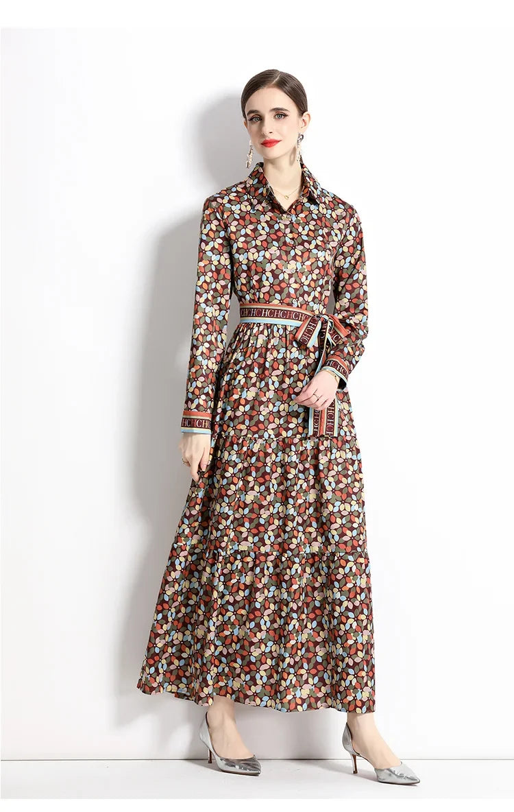 2024 Autumn New Women's European and American Versatile Waist and Slimming Letter Positioning Printed Dress A-line Long Dress