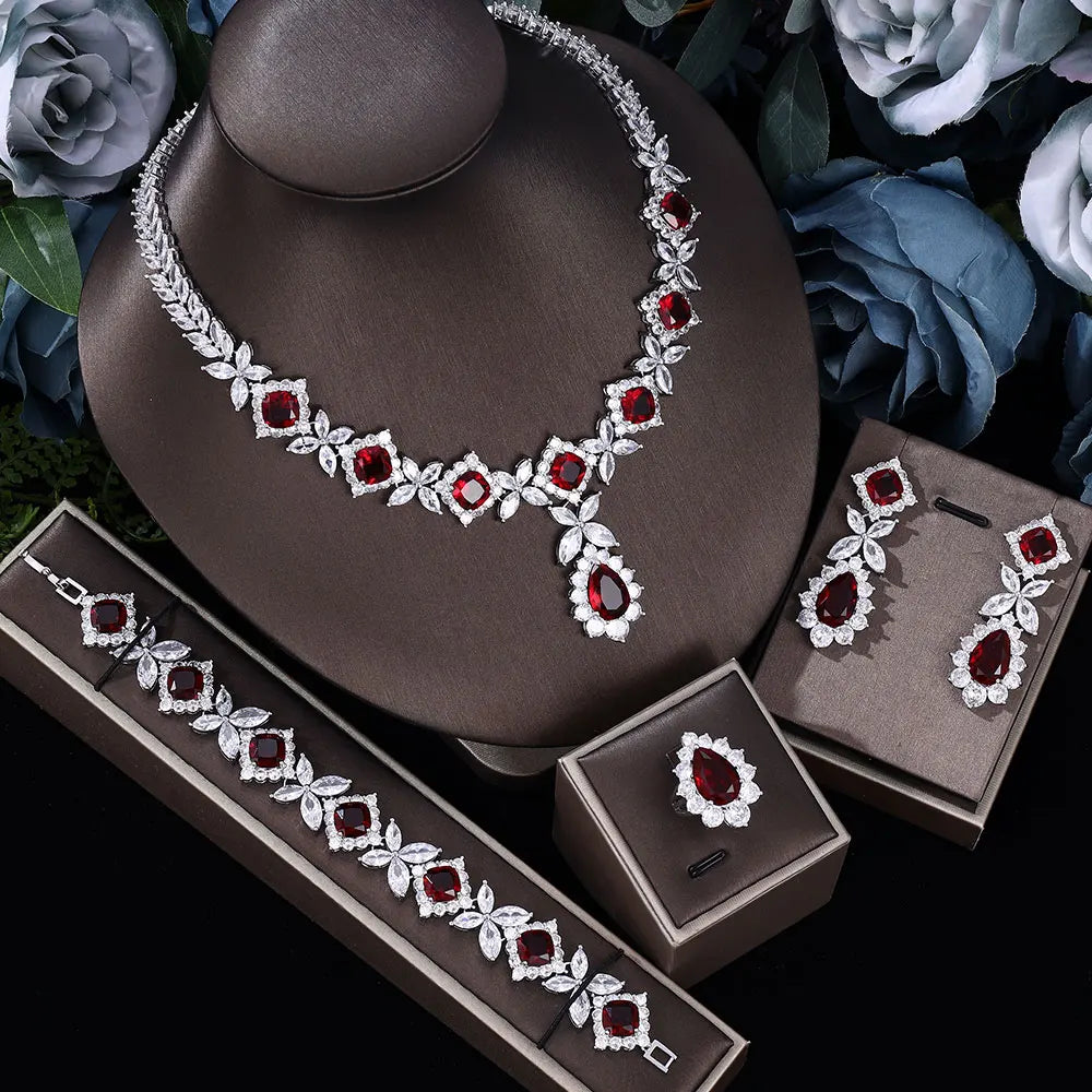 2024 Top 4 Piece Set Dubai Cubic Zirconia Tassel Drop Big Bridal Necklace Bridal Party Luxury Jewelry Set
