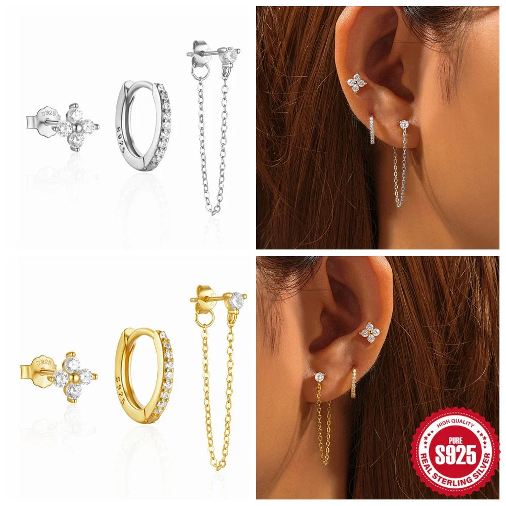 925 Sterling Silver 3pcs/set Cute Chians Stud Earrings Set Fashion Zircon Crystal Women Girls Gift Fine Jewelry Set