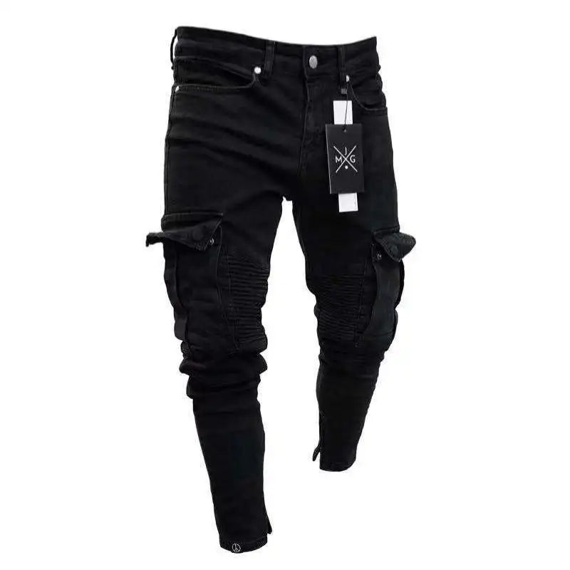 Men's Stretchy Skinny Ripped Jeans Side Pocket Washed Slim Denim Pants