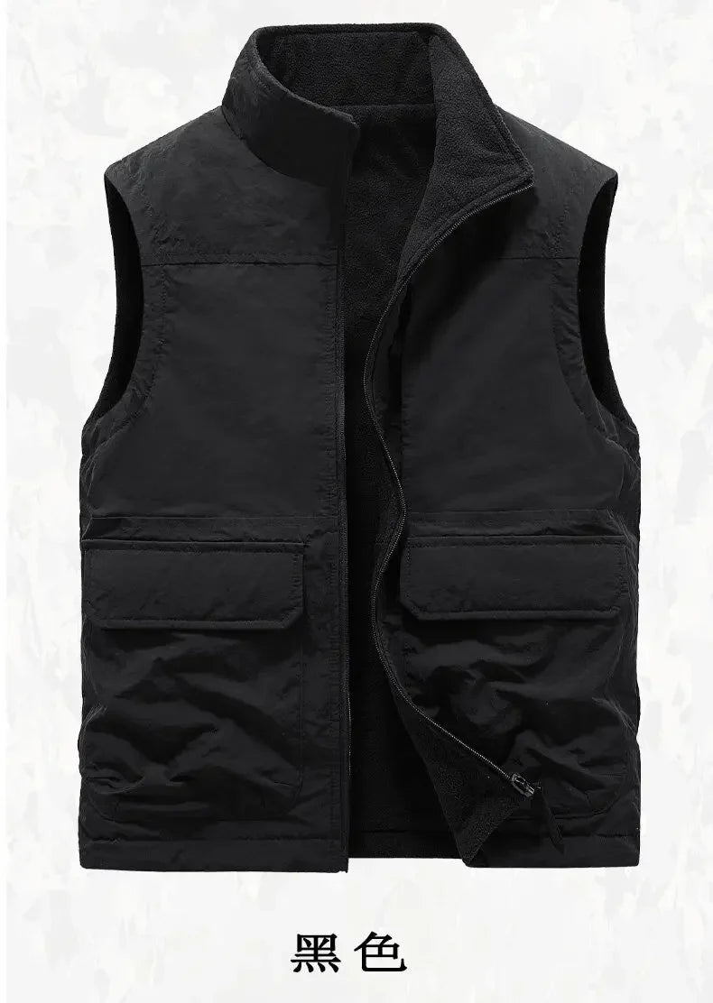 Reversible Sleeveless Jacket Men's Vest Coat Winter Waistcoat Thick Warm Fleece Workwear Tops Cargo Vest Windbreaker New Fashion